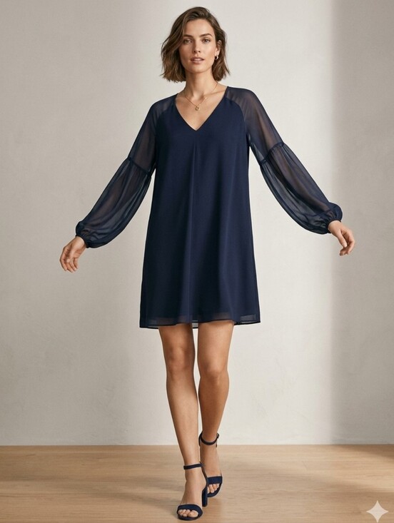 Massimo Dutti Dresses & Skirts - MASSIMO DUTTI Loose Fit Navy V-Neck Sheer Chiffon Sleeve Lined Dress, Size Large